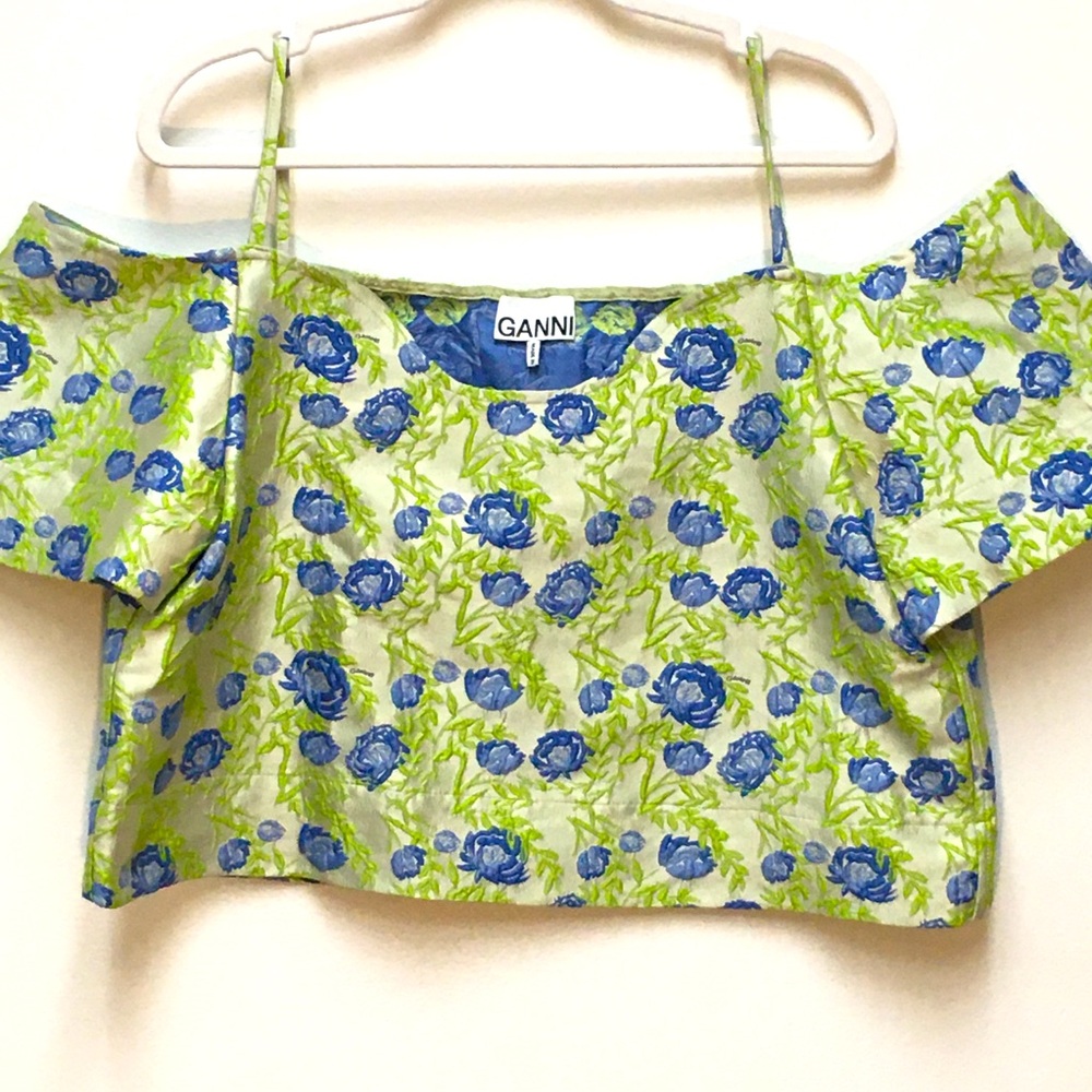 Ganni Embroidered Floral Blouse EU 42 Blue Green Jacquard Fabric